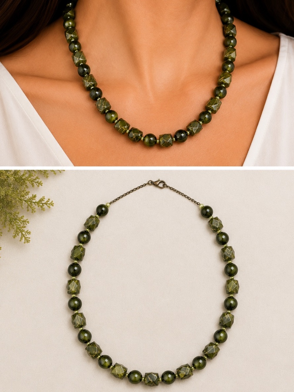 Bold Olive Green & Black Art Glass Beaded Statement Boho Necklace - Picture 6 of 6
